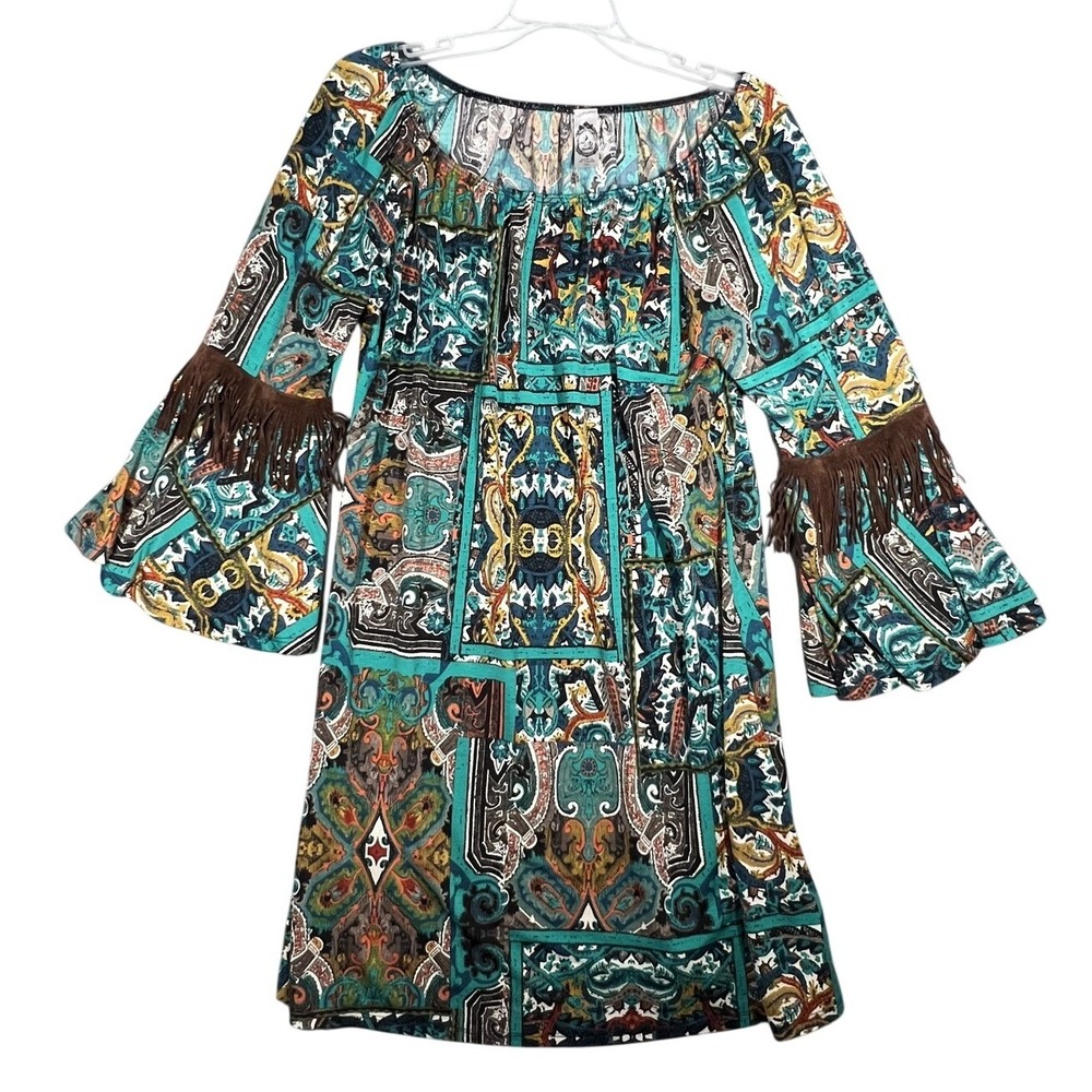2B Together Women's‎ M Bohemian Paisley Fringe Bell Sleeve Mini Dress Colorful